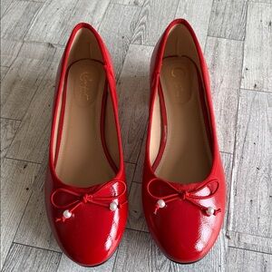 Red Patent heels ballet slip on bows pearl Womens Sz 8 1/2 W NWOB Valentines Day
